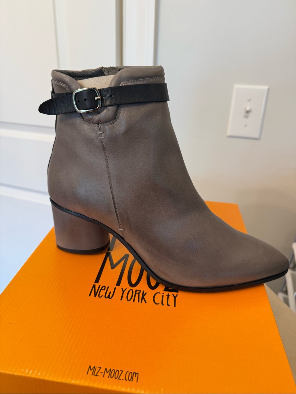 NIB Miz Mooz Taupe Leather Ankle Boot with Buckle Strap